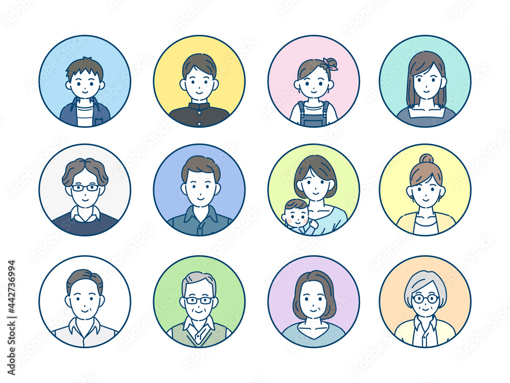 人々 老若男女 家族 アイコン セット 円形 イラスト素材 Stock Vector Adobe Stock