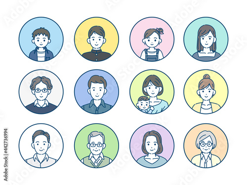 人々 老若男女 家族 アイコン セット 円形 イラスト素材 Stock Vector Adobe Stock
