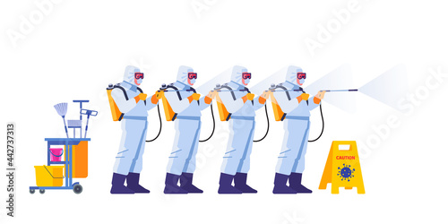 COVID-21 Coronavirus disinfect. Disinfecting workers wear protective masks and spacesuits against pandemic coronavirus or covid-19 sprays. Cartoon style vector illustration isolated background