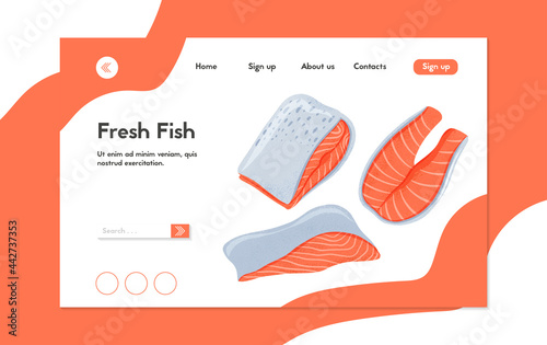 Fresh tasty salmon fillets, sea fishes vector hand drawn landing page design with space for text.