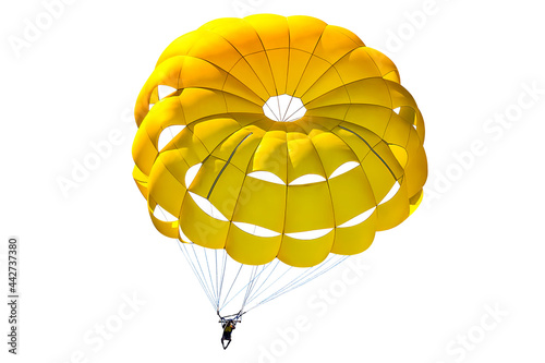 A bright yellow parachute on white background, isolated.