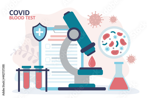 Large microscope with drop of blood for examination. Tubes with blood sample. Coronavirus test