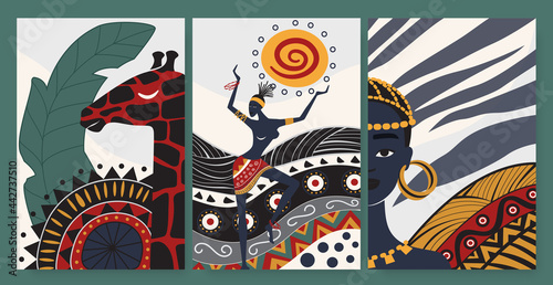 African people dance in ethnic abstract tribal pattern vector illustration set. Folk traditional ornament, giraffe and dancers from Africa, vertical social media stories template, wall art design