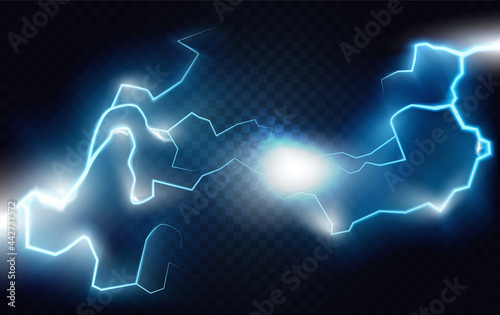 Photography Blitz lightning thunder bolt, two abstract realistic blue lightning in storm night sky vector illustration