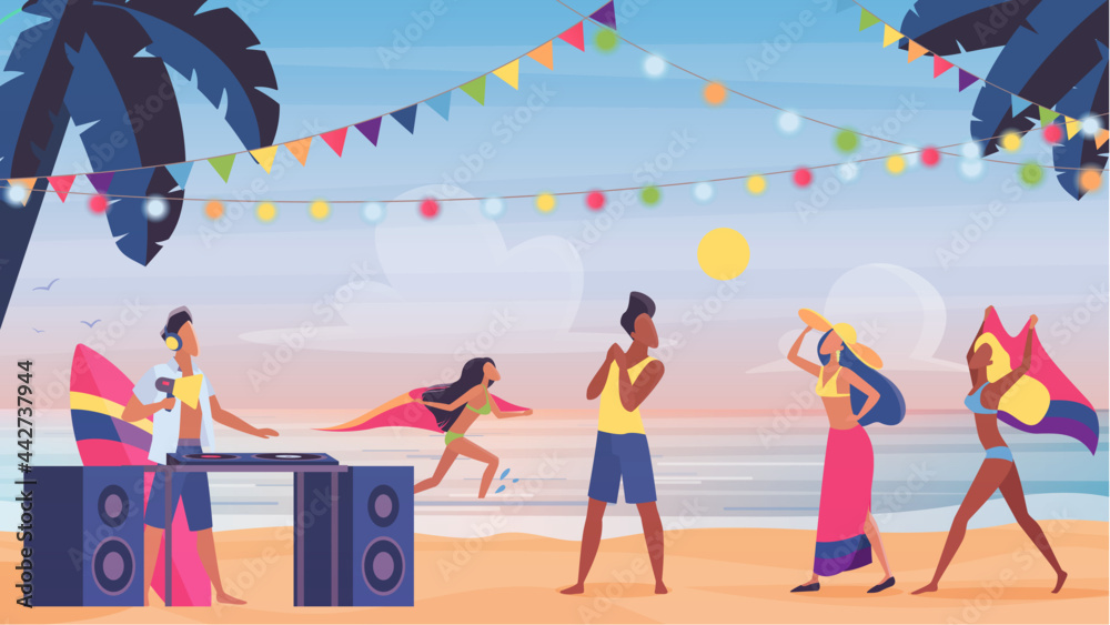 People on summer sea beach fun party, tropical island vacation vector ...