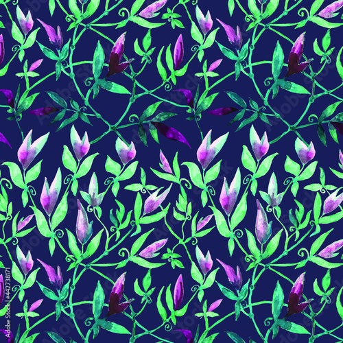 Watercolor floral set, indigo and crimson and white flowers with stems ad leaves. Hand drawn botanical design on dark background. Design for fabric, textile, wrapping paper, card, invitation.