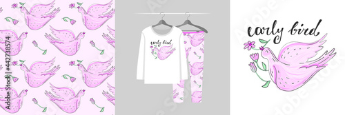 Seamless pattern and illustration set for a kid with pink bird, text Early bird