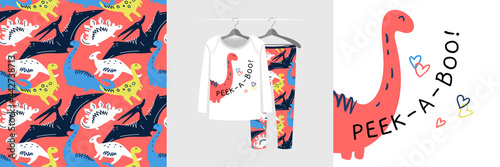 Seamless pattern and illustration set for a kid with dinosaurs, text Peek-a-boo