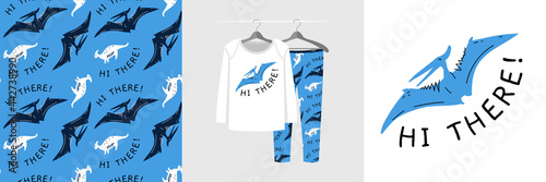 Seamless pattern and illustration set for a kid with dinosaurs, text Hi there