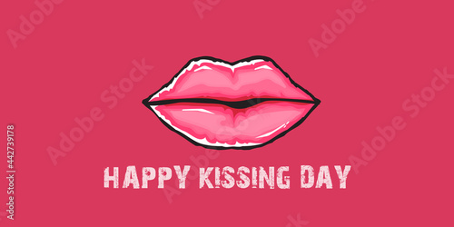 Happy kissing day horizontal banner with cartoon glossy red lips isolated on pink background. Kiss day vector concept illustration with sexy smiling woman mouth icon