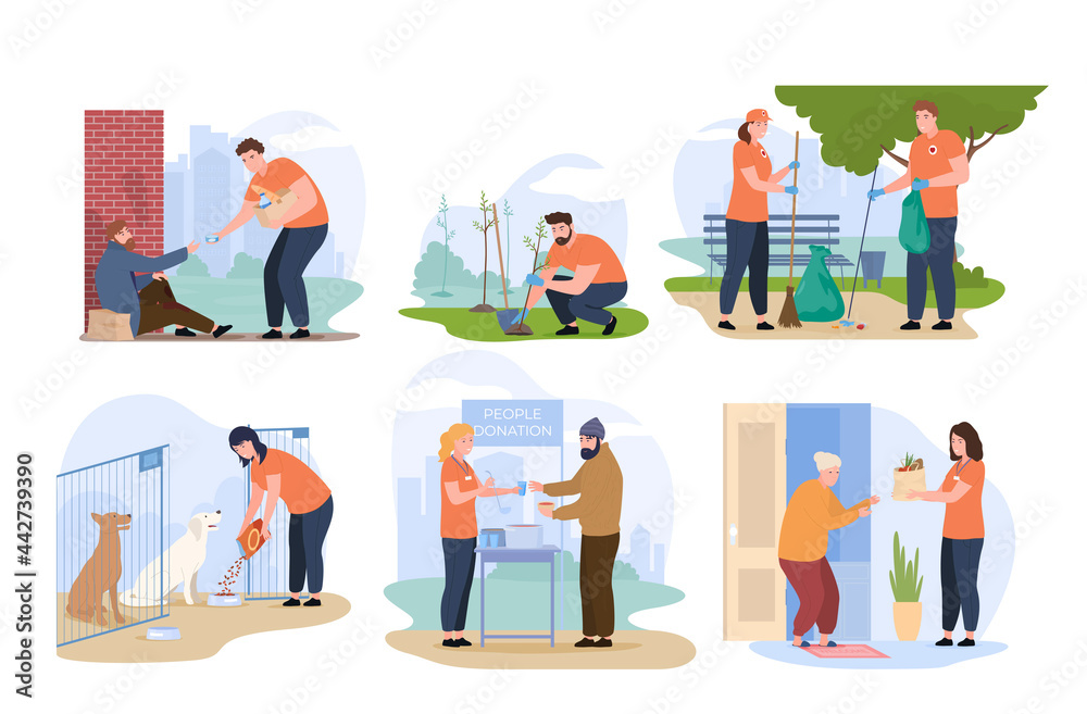 Social workers taking care about people, pet, plant, environment vector flat illustration