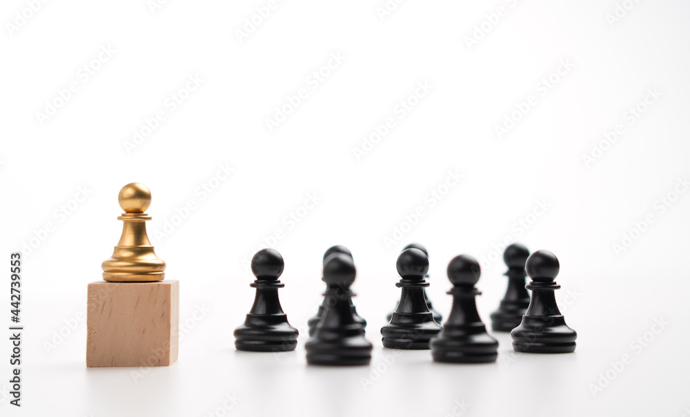 The leadership of the Golden chess pawn standing on the box show influence and empowerment. Concept of business leadership for leader team, successful competition winner and Leader with strategy The leadership of the Golden chess pawn standing on the box show influence and empowerment. Concept of business leadership for leader team, successful competition winner and Leader with strategy
