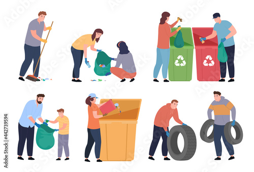 Collection of people clean up and sorting garbage vector man, woman volunteer, social workers