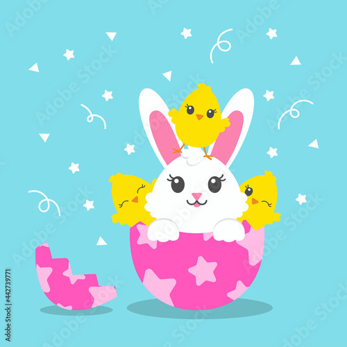 Happy Easter. Cheerful rabbit in egg with cute chickens. Colored flat vector illustration isolated on blue background. Beautiful gift card. Cartoon character.