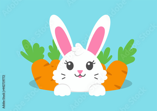 Happy Easter. Cheerful rabbit in a hole with carrots. Colored flat vector illustration isolated on blue background. Cartoon character.