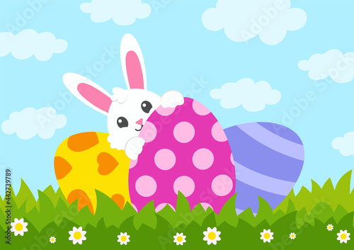 Happy Easter. Cute white bunny. Easter eggs. Beautiful gift card. Colored flat vector illustration isolated on color background. Cartoon character.