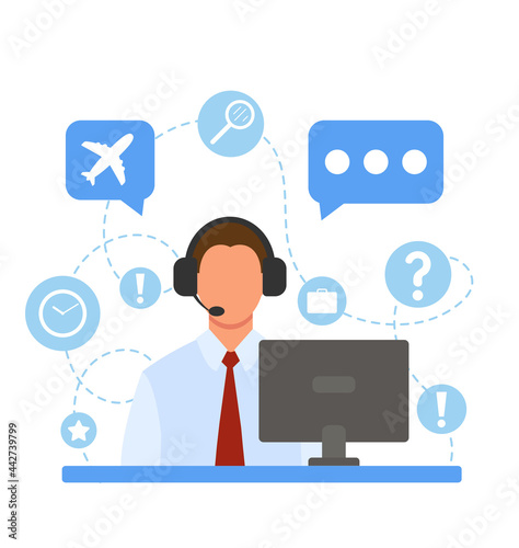 A man in headphones with a microphone at the computer. Office work. Online customer service. Helping clients. Illustration for call center, support, hotline, telemarketing. Vector in flat style.