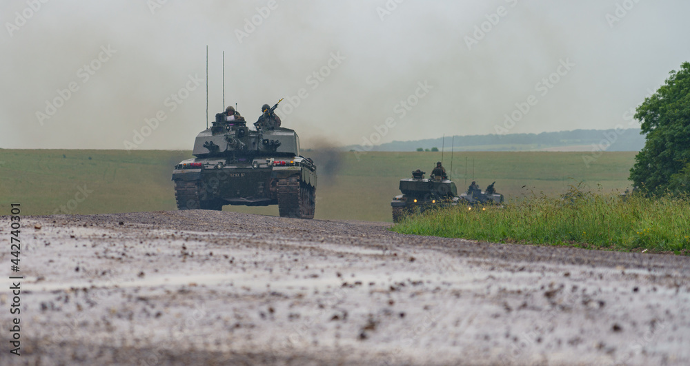 a succession of British army FV4034 Challenger 2 main battle tanks on exercise, Salisbury Plain, Wiltshire UK
