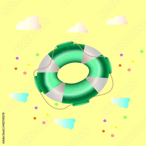the summer green  life buoy on the yellow background