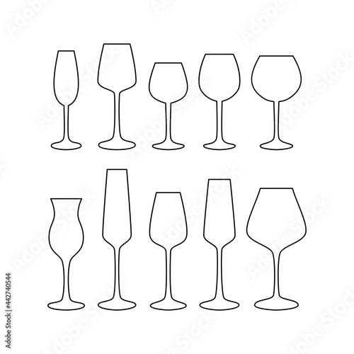Vector set of wine glasses in different shapes. Line art glasses collection
