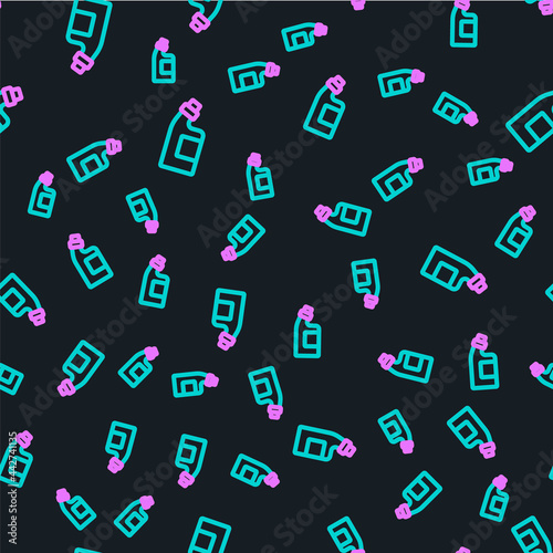 Line Plastic bottle for laundry detergent, bleach, dishwashing liquid or another cleaning agent icon isolated seamless pattern on black background. Vector