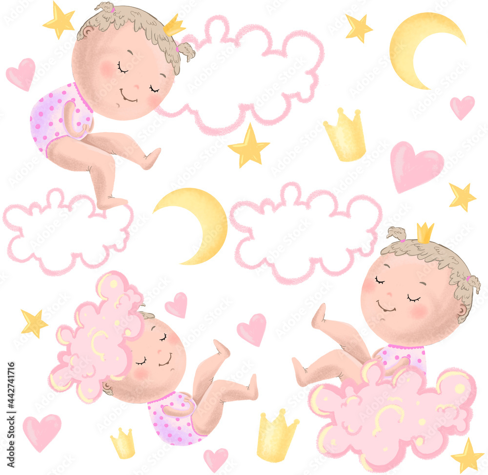 Baby girl Princess in pink clouds cute illustration pattern Baby girl Princess in pink clouds cute illustration pattern