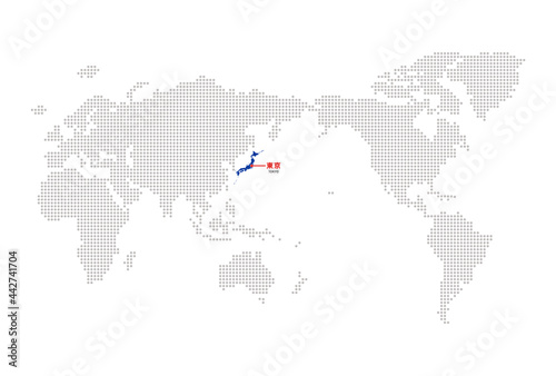日本の首都・東京の場所：世界地図版 - シンプルで見やすいインフォグラフィックデザイン