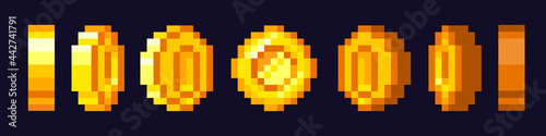 Pixel game coins animation. Golden pixelated coin. 16 bit pixels gold and video games. Golden coins rotation stages. Vector illustration