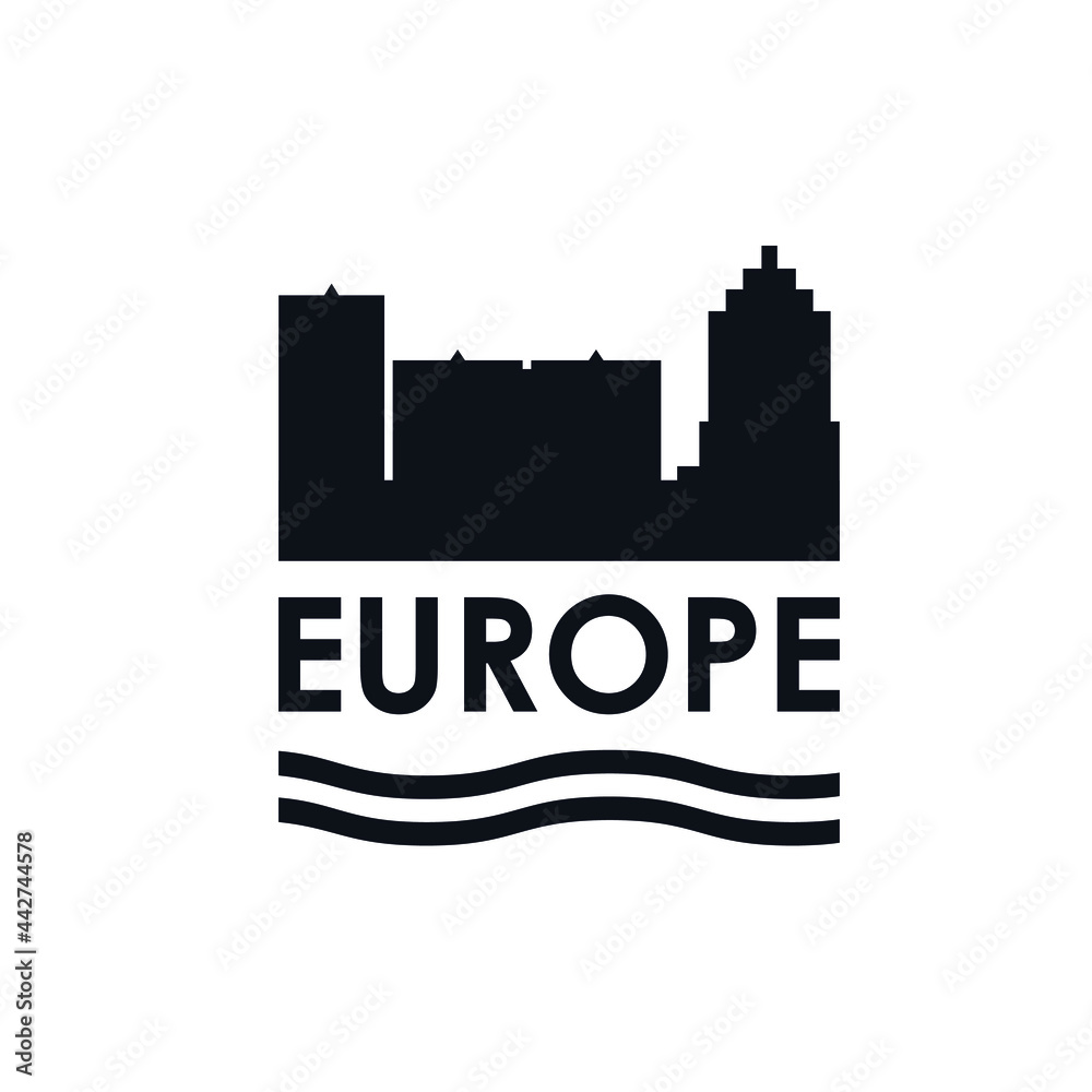 Europe logo icon sign Silhouettes of architectural buildings of churches Wave water stripe symbol emblem Modern design Abstract style Fashion print clothes apparel greeting invitation card cover flyer