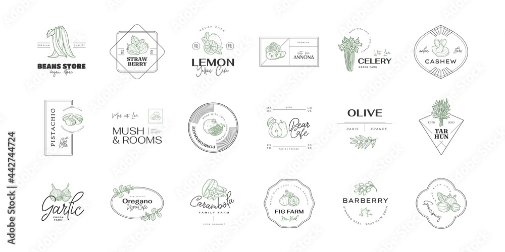 Healthy food logo template. Hand drawn illustrations for for restaurant, bar, vegan, healthy and organic food, market, farmers market, cooking school, food truck, delivery service.