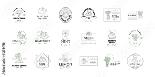 Healthy food logo template. Hand drawn illustrations for for restaurant, bar, vegan, healthy and organic food, market, farmers market, cooking school, food truck, delivery service.