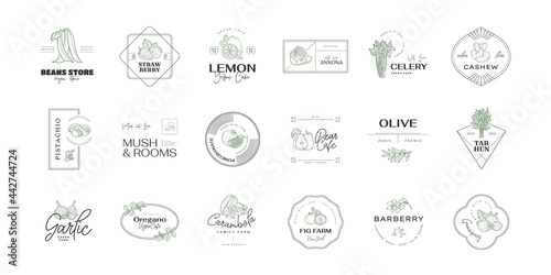 Healthy food logo template. Hand drawn illustrations for for restaurant, bar, vegan, healthy and organic food, market, farmers market, cooking school, food truck, delivery service. © KozyPlace