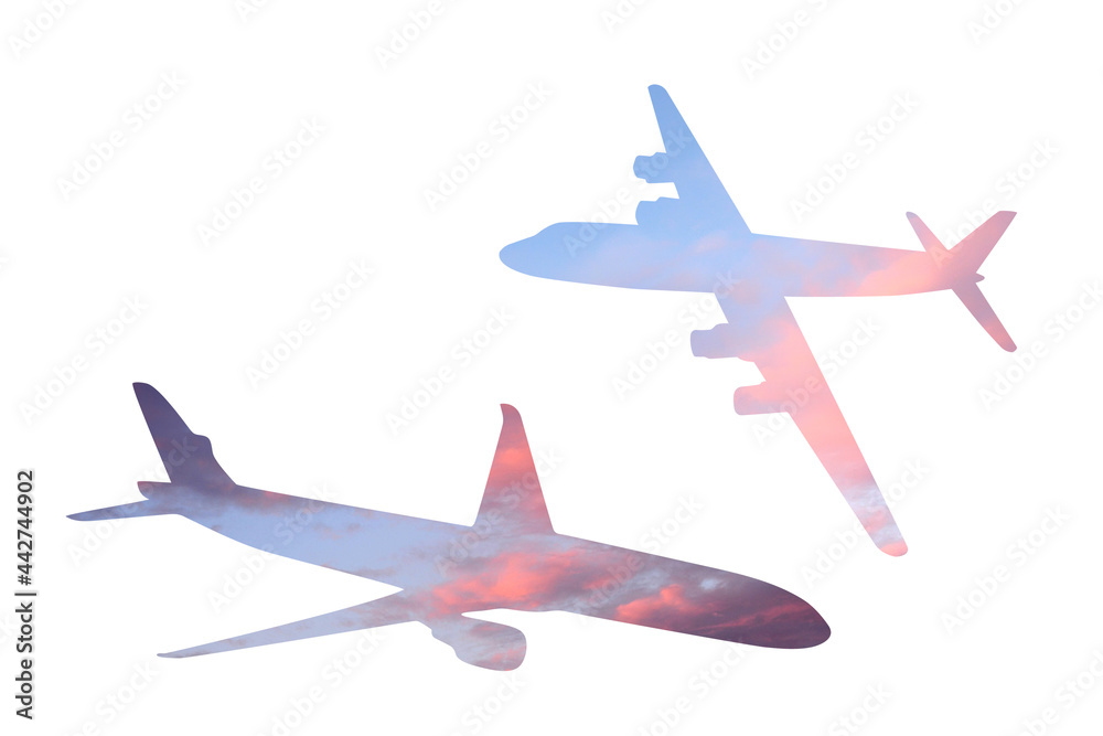 Aircraft silhouettes with sky background. Clip art bundle on white background