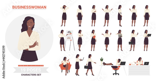 African american black businesswoman poses infographic vector illustration set. Cartoon front side back view young woman business corporate office worker, lady working laptop postures isolated