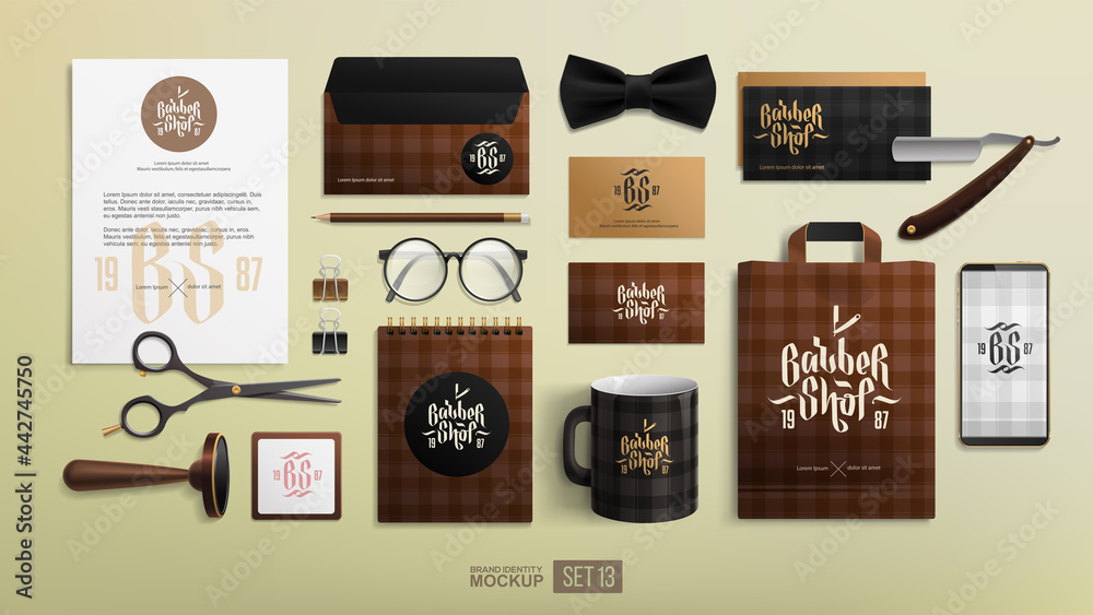 logo with Brand identity vintage items mockups set. Barber