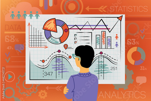 Sales analytics vector illustration. Office manager and computational data analysis, income statistics, business. Web page, facebook cover, banner, template. photo