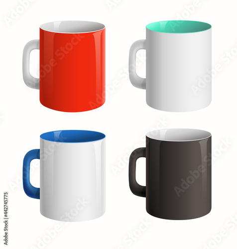 Corporate ceramic mugs mockup set on white background. Red, white, black mug mockup template for branding identity and company.  Vector mug for logo  design presentation