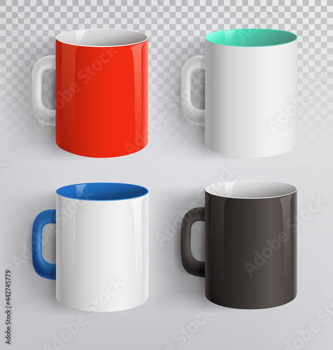 Mockup set of corporate ceramic mugs on transparent background. Red, white, black mug mockup template for branding identity and company.  Vector mug for logo  design presentation