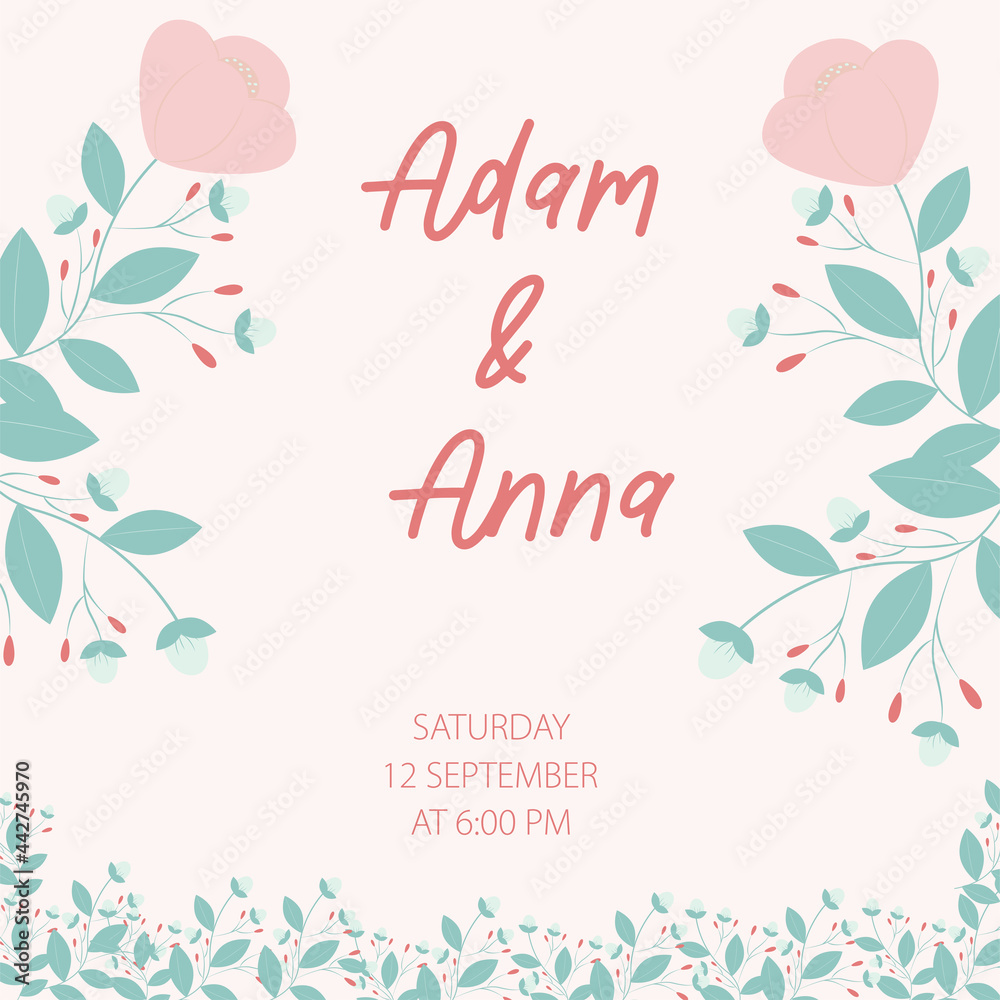  Wedding invitation with flowers and leaves. design template. Wedding invitation with pink flowers