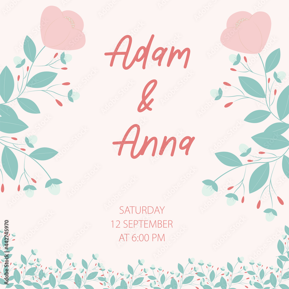 Wedding invitation with flowers and leaves. design template. Wedding invitation with pink flowers Wedding invitation with flowers and leaves. design template. Wedding invitation with pink flowers