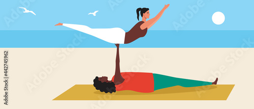 LGBTQ couple, yoga asanas, Flat vector stock illustration with Lesbian women activity or LGBTQ Family activity
