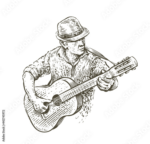 Man in hat playing guitar. Country music sketch in vintage style
