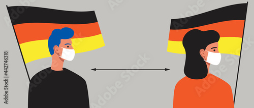 Germans with Germany flag, lockdown in Germany, flat vector stock illustration with German social distance and people in face masks