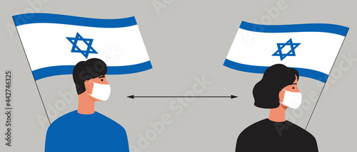 Israelis with Israel flag, lockdown in Israel, flat vector stock illustration with Israelis Social Distance and People in face masks