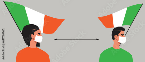 Italians with Italy flag, lockdown in Italy, flat vector stock illustration with Italians social distance and People in face masks