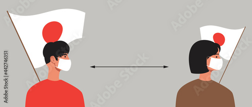 Japanese people with Japan flag, lockdown in Japan, flat vector stock illustration with Canadians social distance and People in face masks