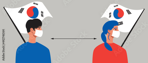 Koreans with South Korea flag, lockdown in Korea, flat vector stock illustration with Social distance of Koreans and People in face masks
