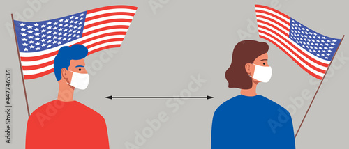 Americans with USA flag, lockdown in America, flat vector stock illustration with Americans social distance and people in face masks