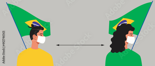 Brazilians with Brazilian flag, lockdown in Brazil, flat vector stock illustration with Brazilians social distance and people in face masks
