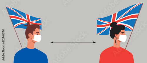 British people with UK flag, lockdown in the UK, flat vector stock illustration with British social distance and People in face masks